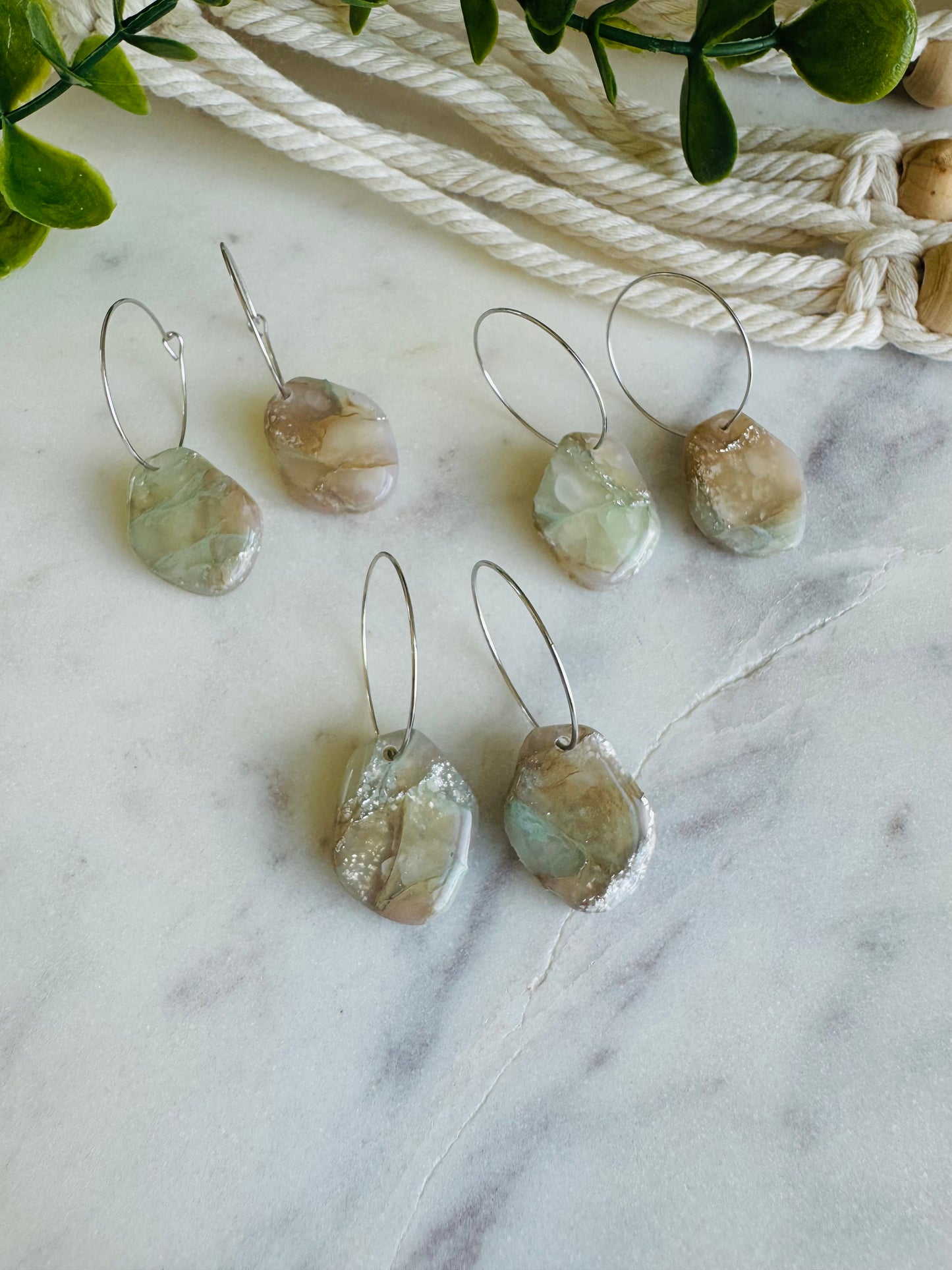 Taupe & Mint Stone - Pebble Hoop