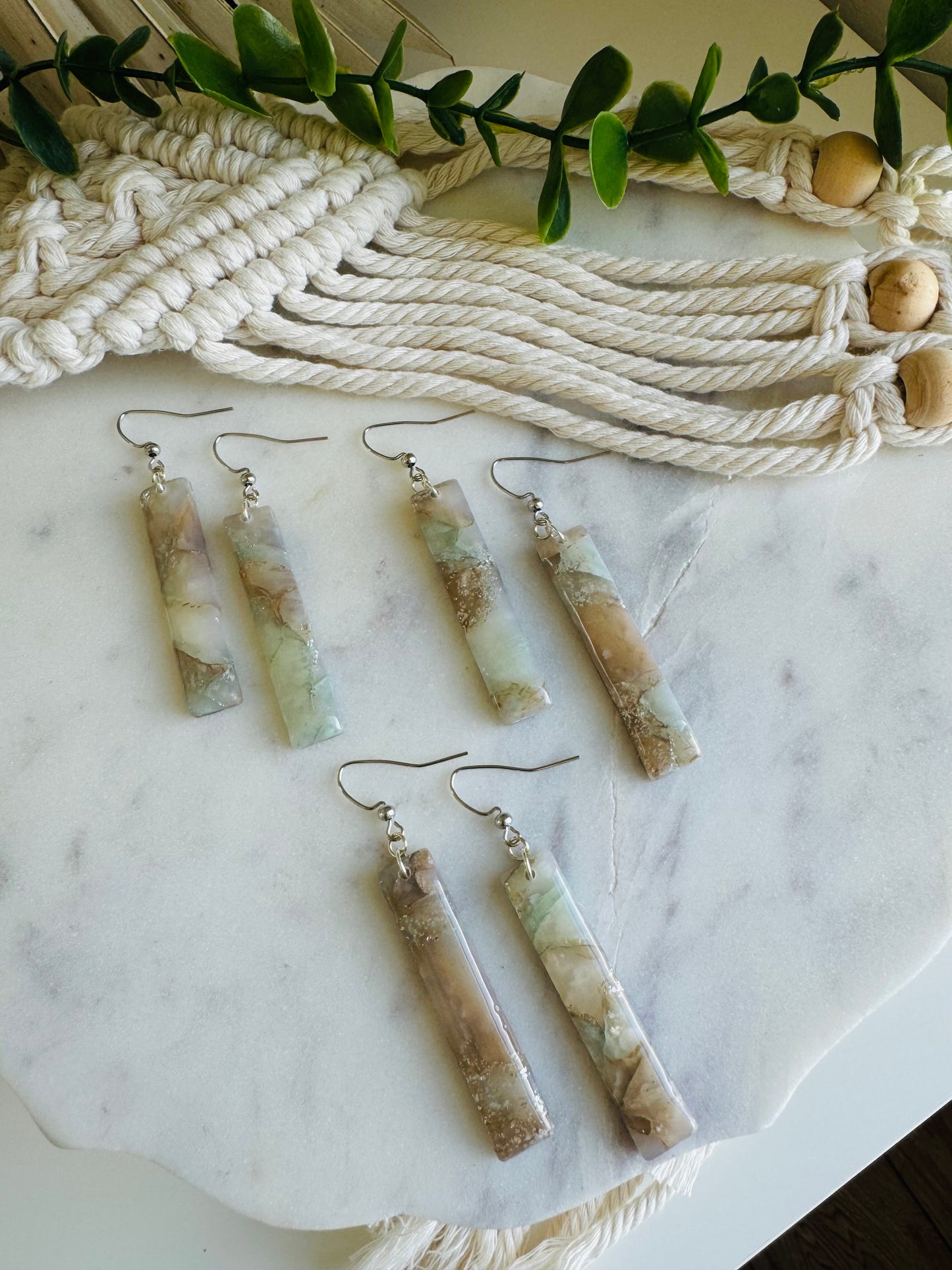 Taupe & Mint Stone - Long Rectangle Earring