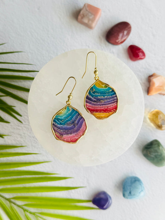 Rainbow Agate - Wavy Bezel Earrings