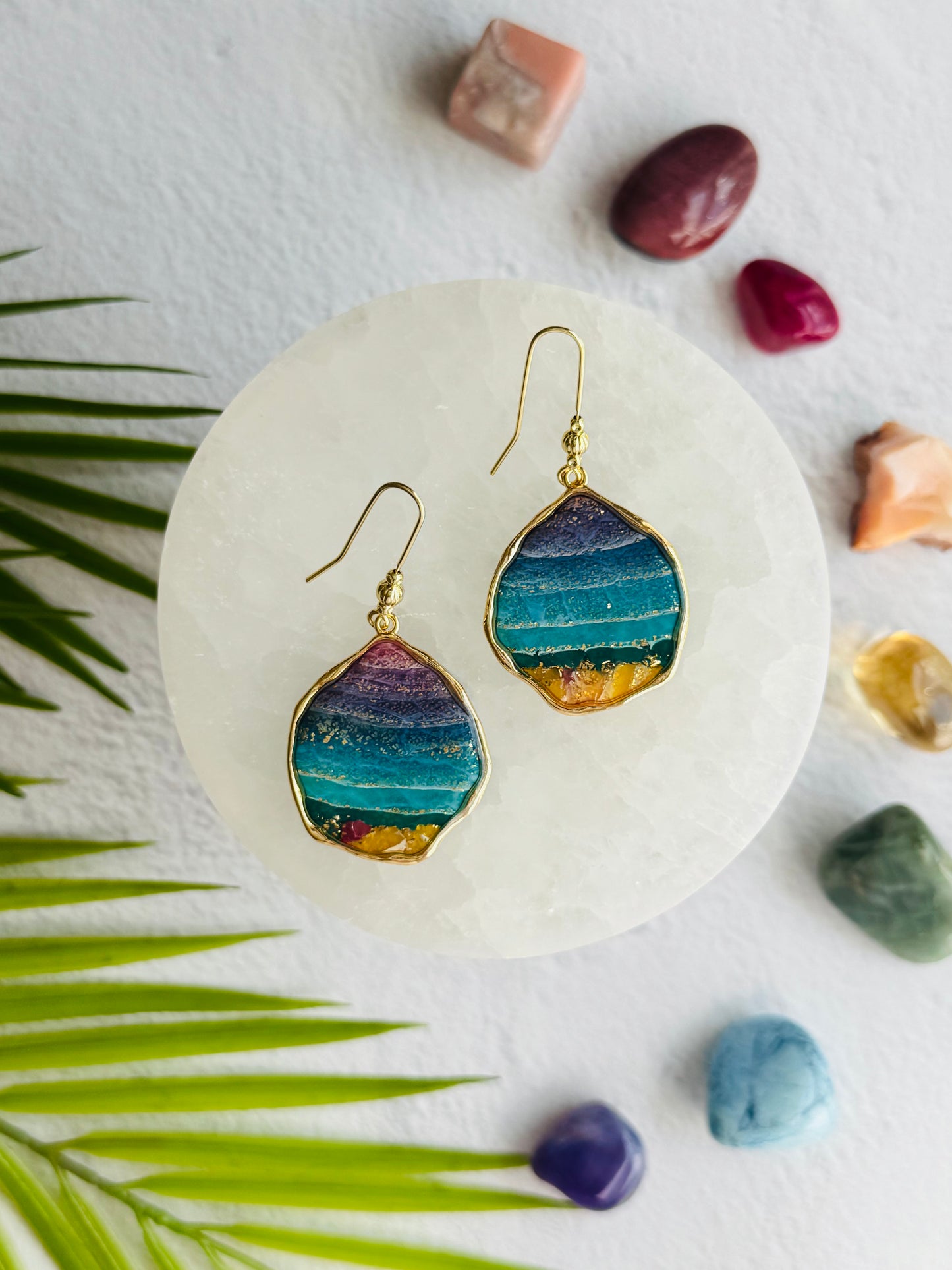 Rainbow Agate - Wavy Bezel Earrings