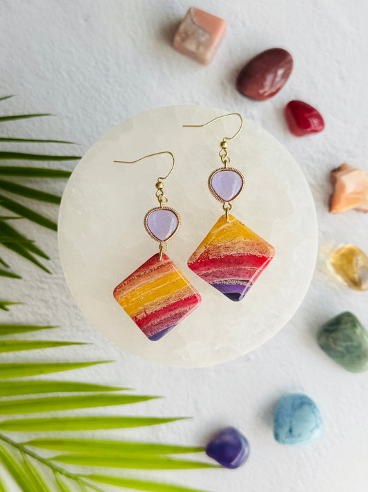 Rainbow Agate - Rounded Square & Purple Gem