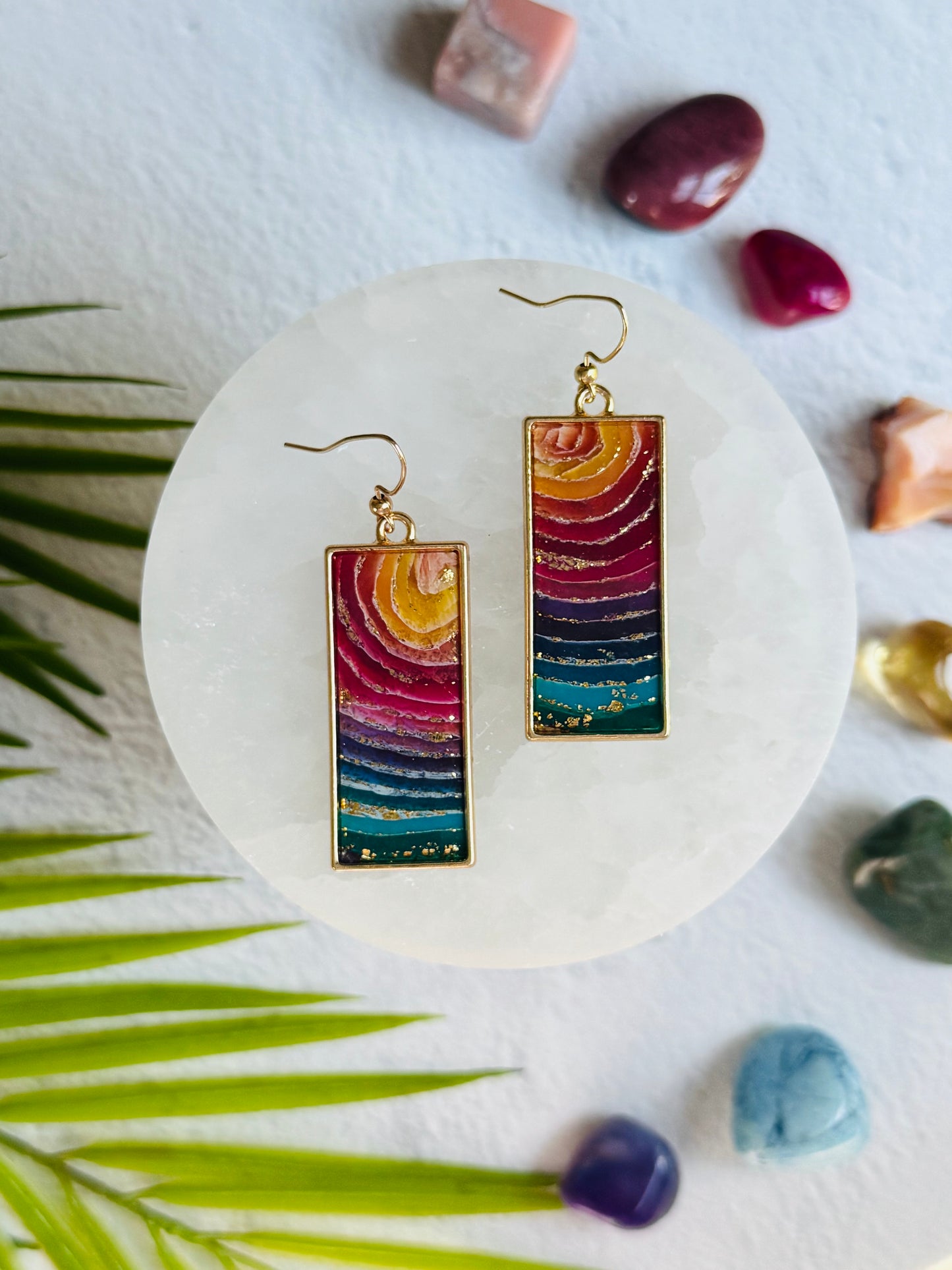 Rainbow Agate - Rectangle Bezel Earring