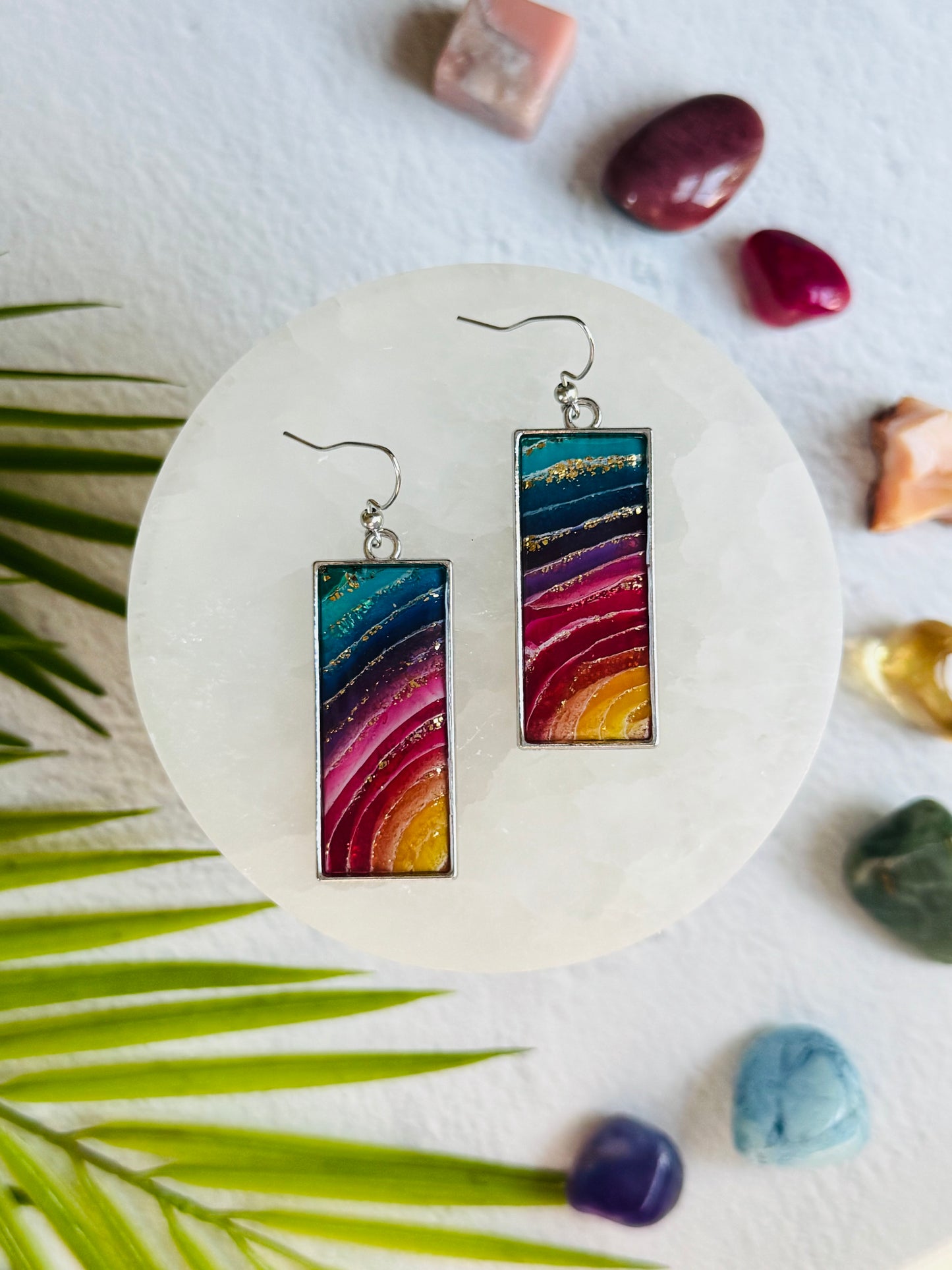 Rainbow Agate - Rectangle Bezel Earring