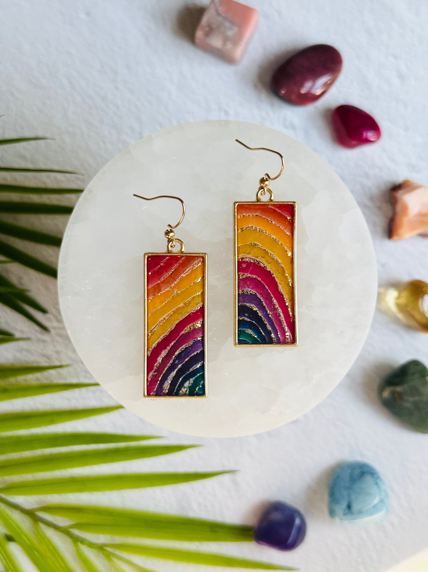 Rainbow Agate - Rectangle Bezel Earring
