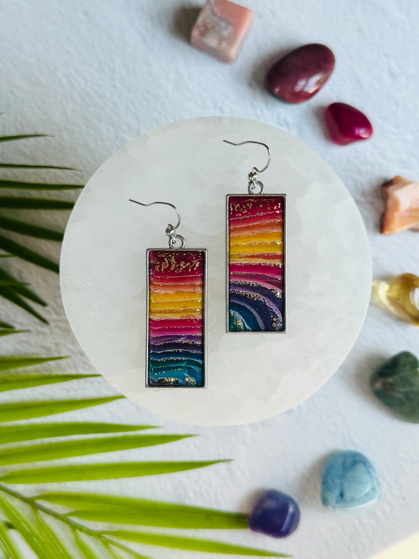 Rainbow Agate - Rectangle Bezel Earring