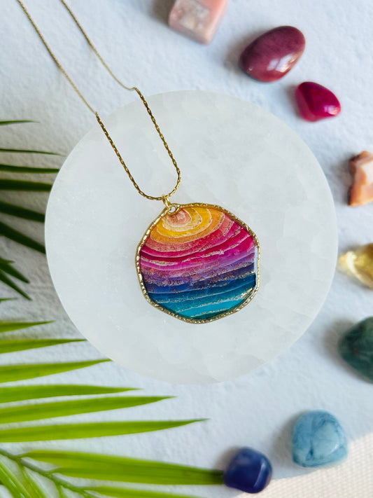 Rainbow Agate - Large Pebble Bezel Necklace