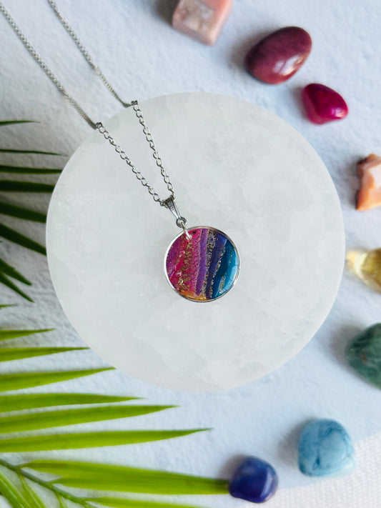 Rainbow Agate - Silver Circle Bezel Necklace