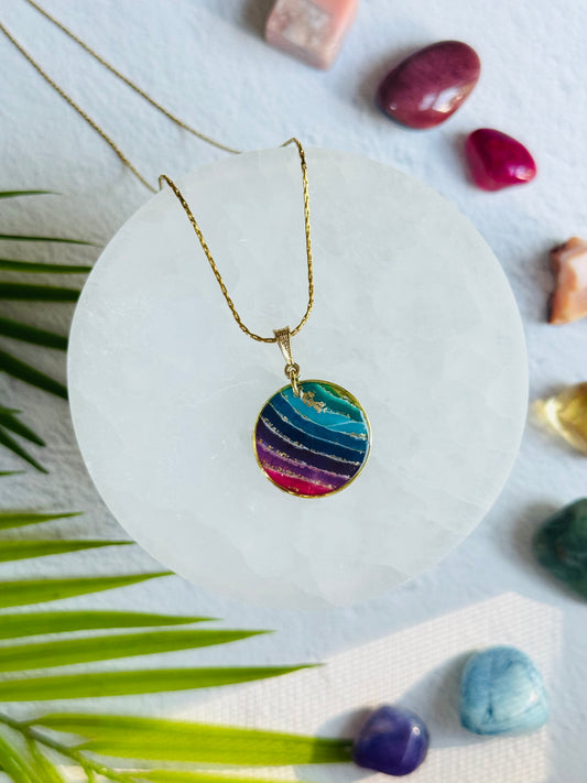 Rainbow Agate - Gold Circle Bezel Necklace