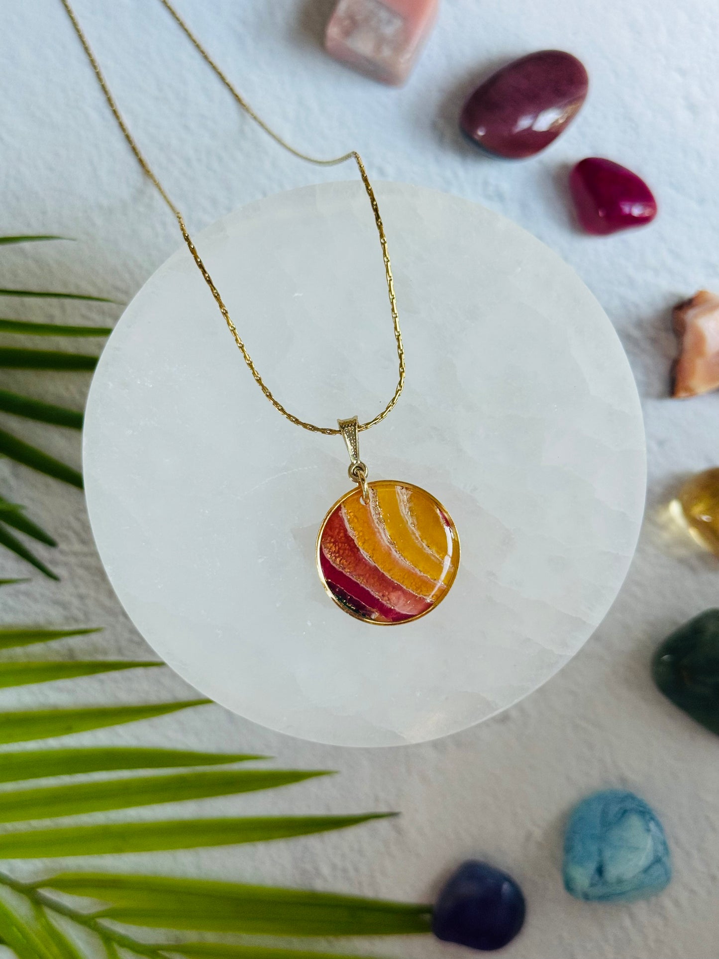Rainbow Agate - Gold Circle Bezel Necklace
