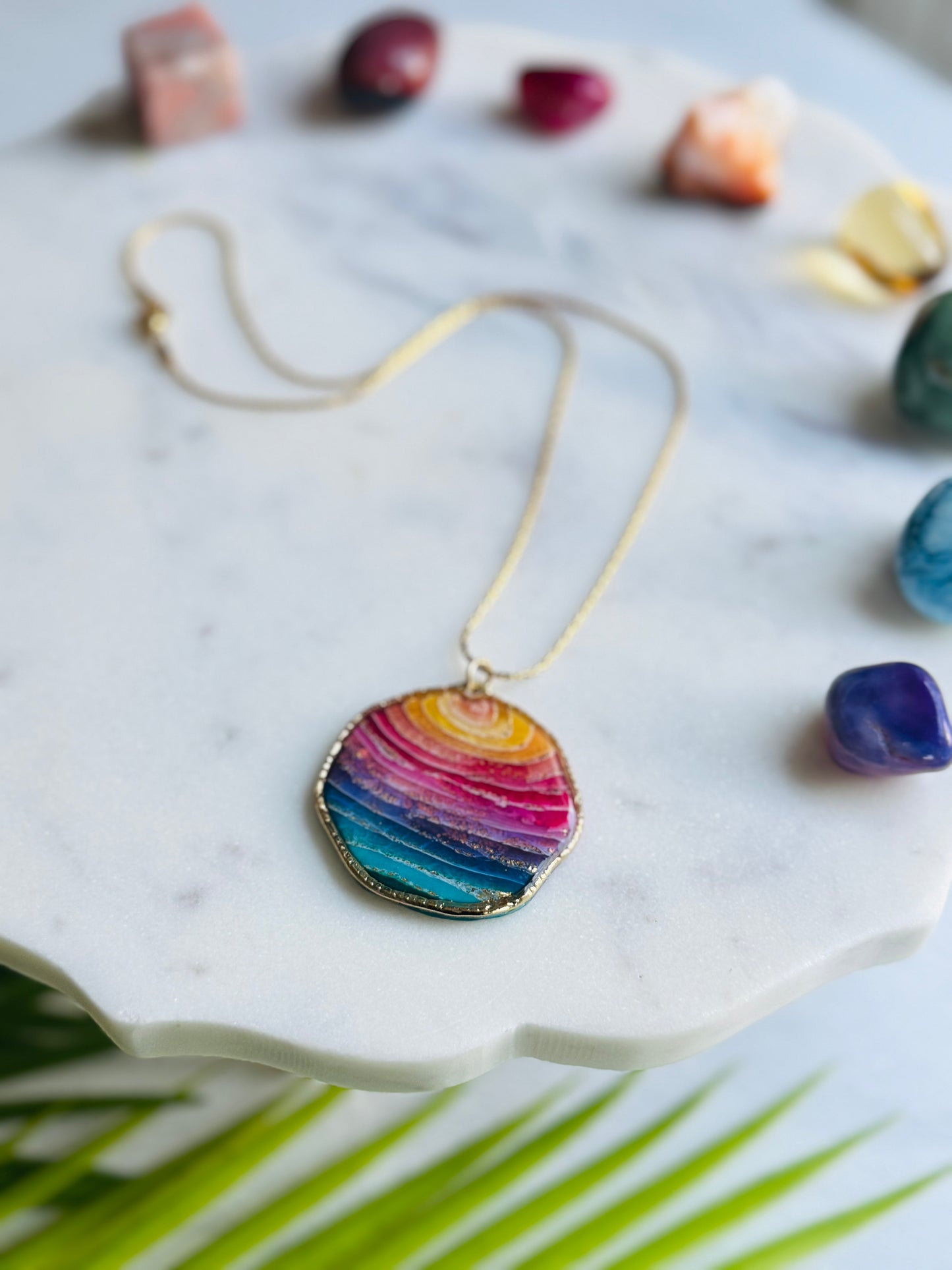 Rainbow Agate - Large Pebble Bezel Necklace