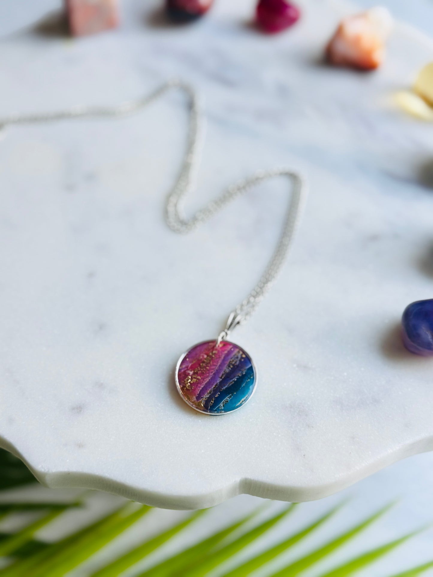 Rainbow Agate - Silver Circle Bezel Necklace