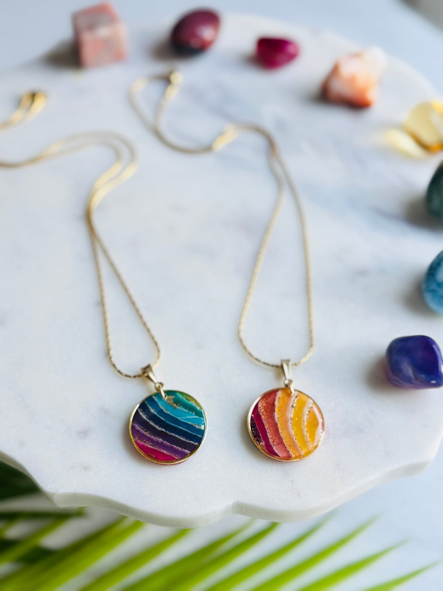 Rainbow Agate - Gold Circle Bezel Necklace