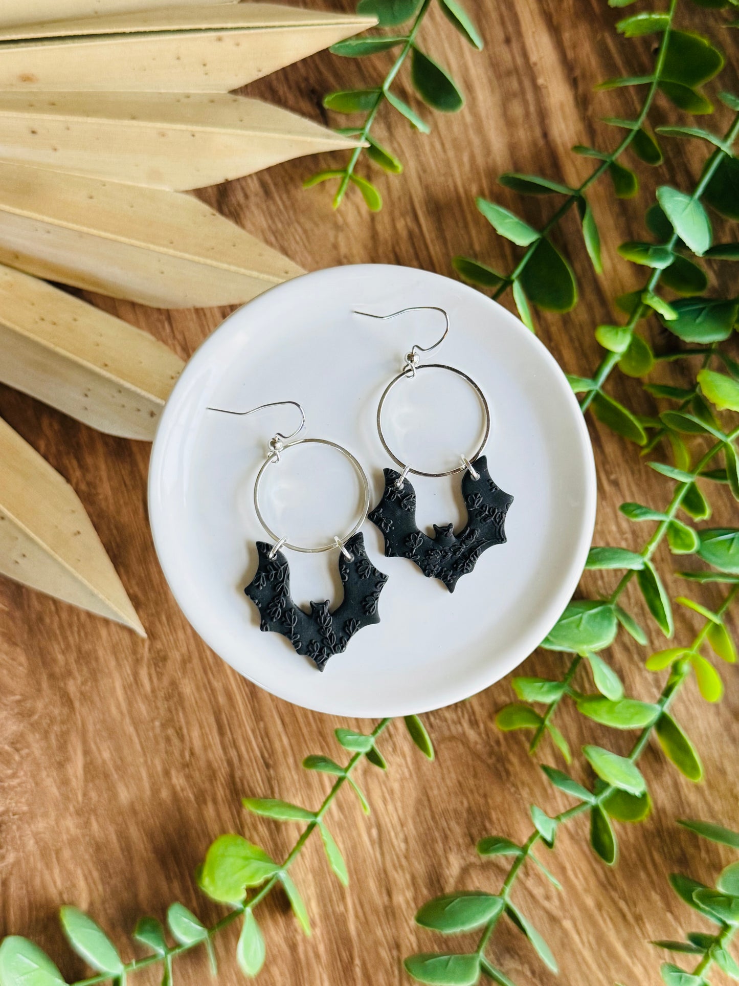 Soft & Spooky - Black Floral Texture Bat Earrings