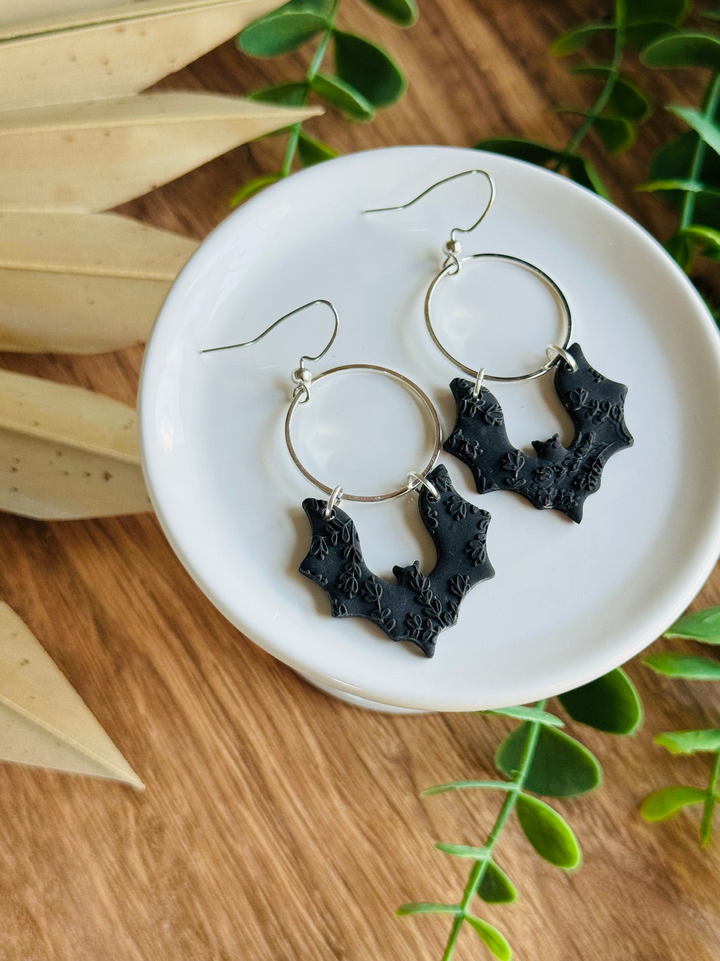 Soft & Spooky - Black Floral Texture Bat Earrings