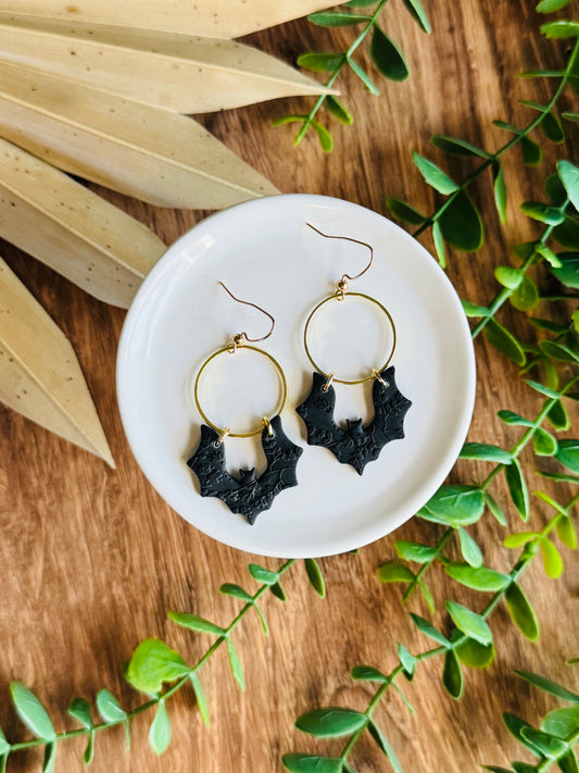Soft & Spooky - Black Floral Texture Bat Earrings