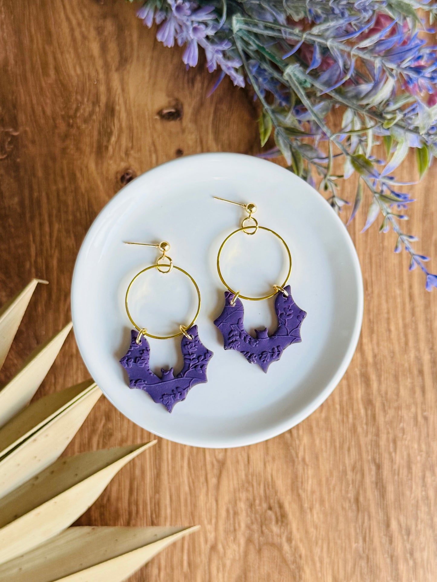 Soft & Spooky - Purple Floral Textured Bat Earrings
