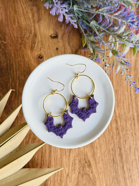 Soft & Spooky - Purple Floral Textured Bat Earrings