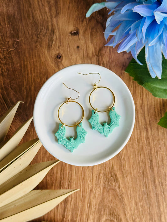 Soft & Spooky - Green Floral Texture Bat Earrings
