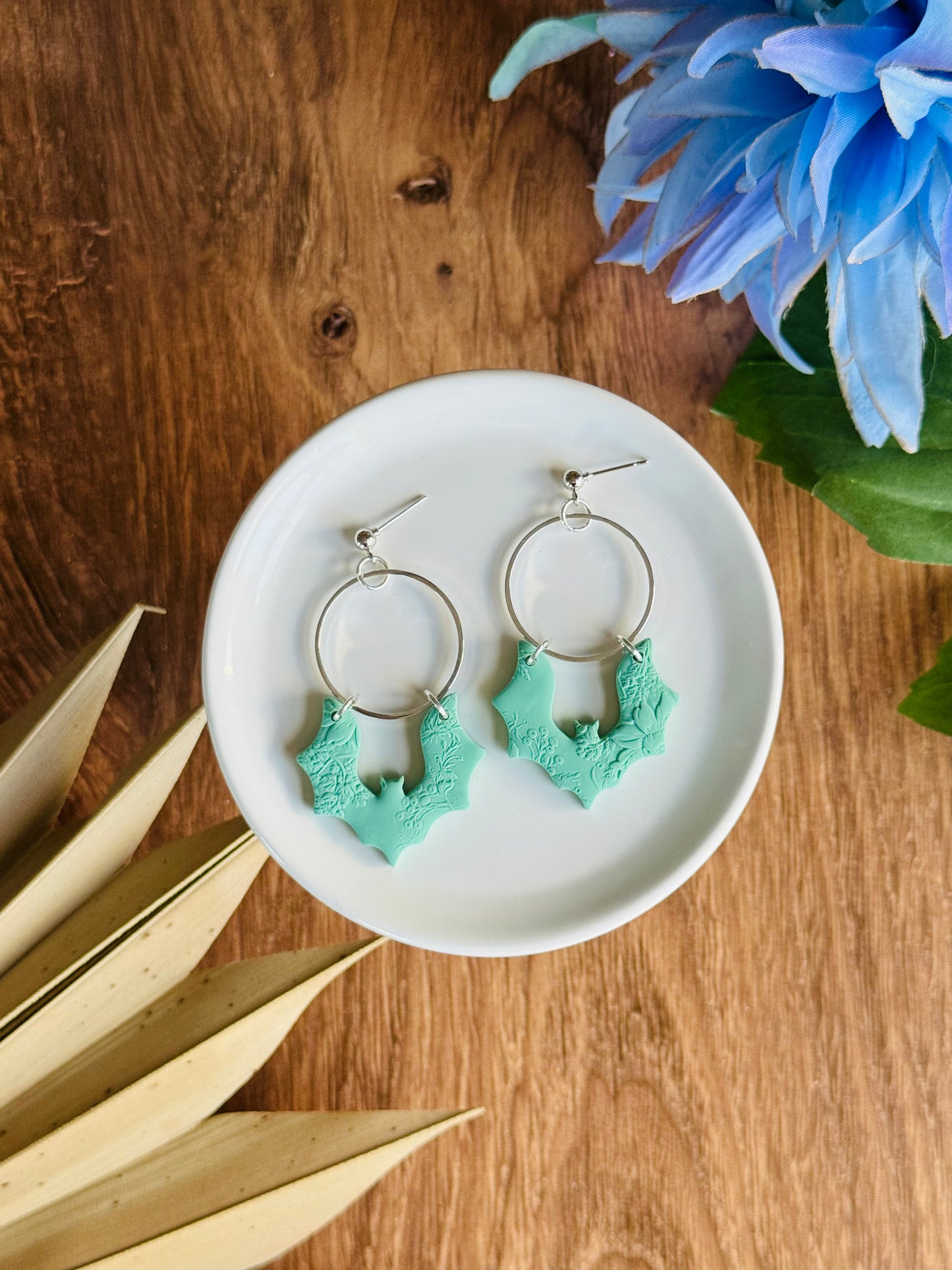 Soft & Spooky - Green Floral Texture Bat Earrings