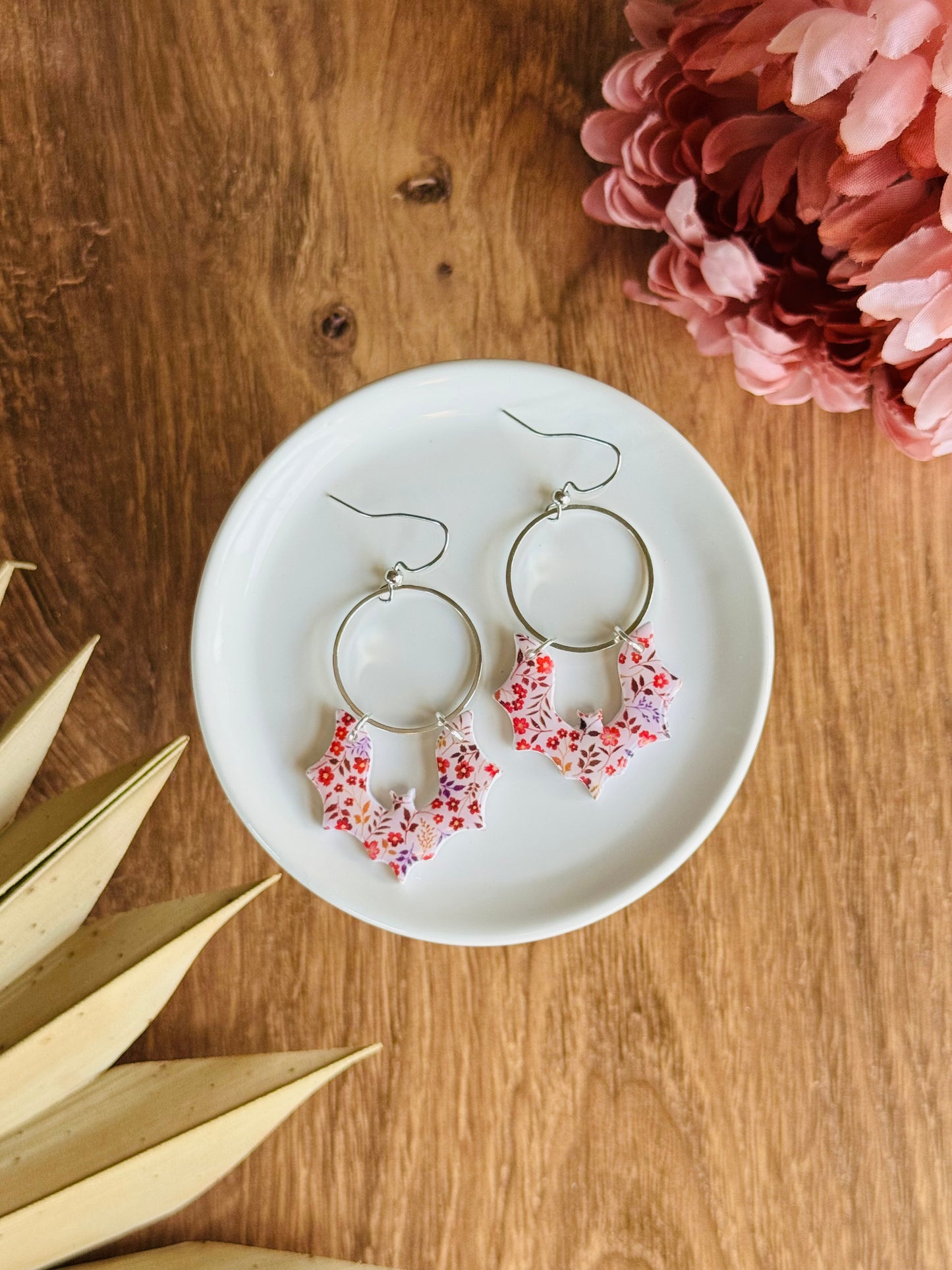Soft & Spooky - Red Floral Bat Earrings