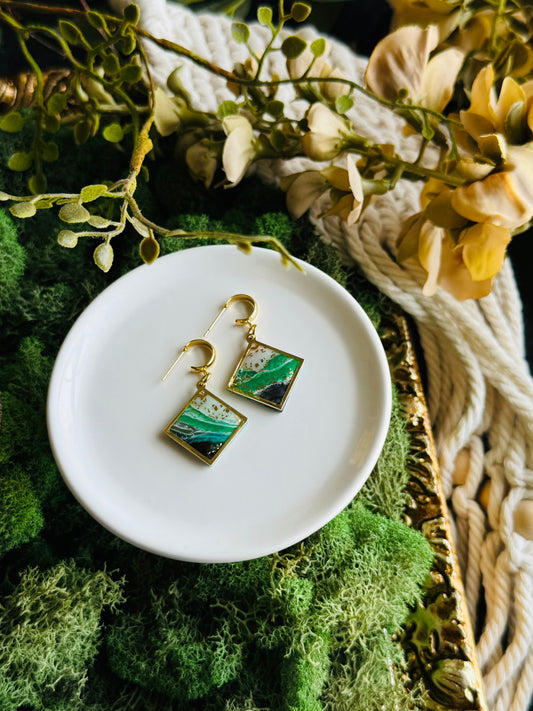 Earth Agate - Gold Bezeled Square Earring