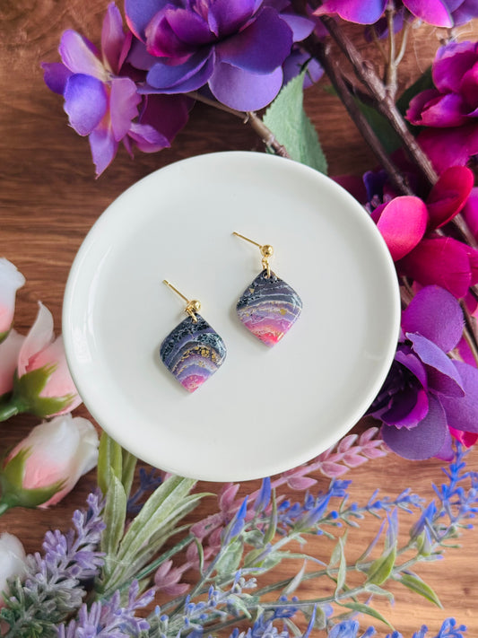 Purple Agate - Pointed Diamond Pebble Earrings
