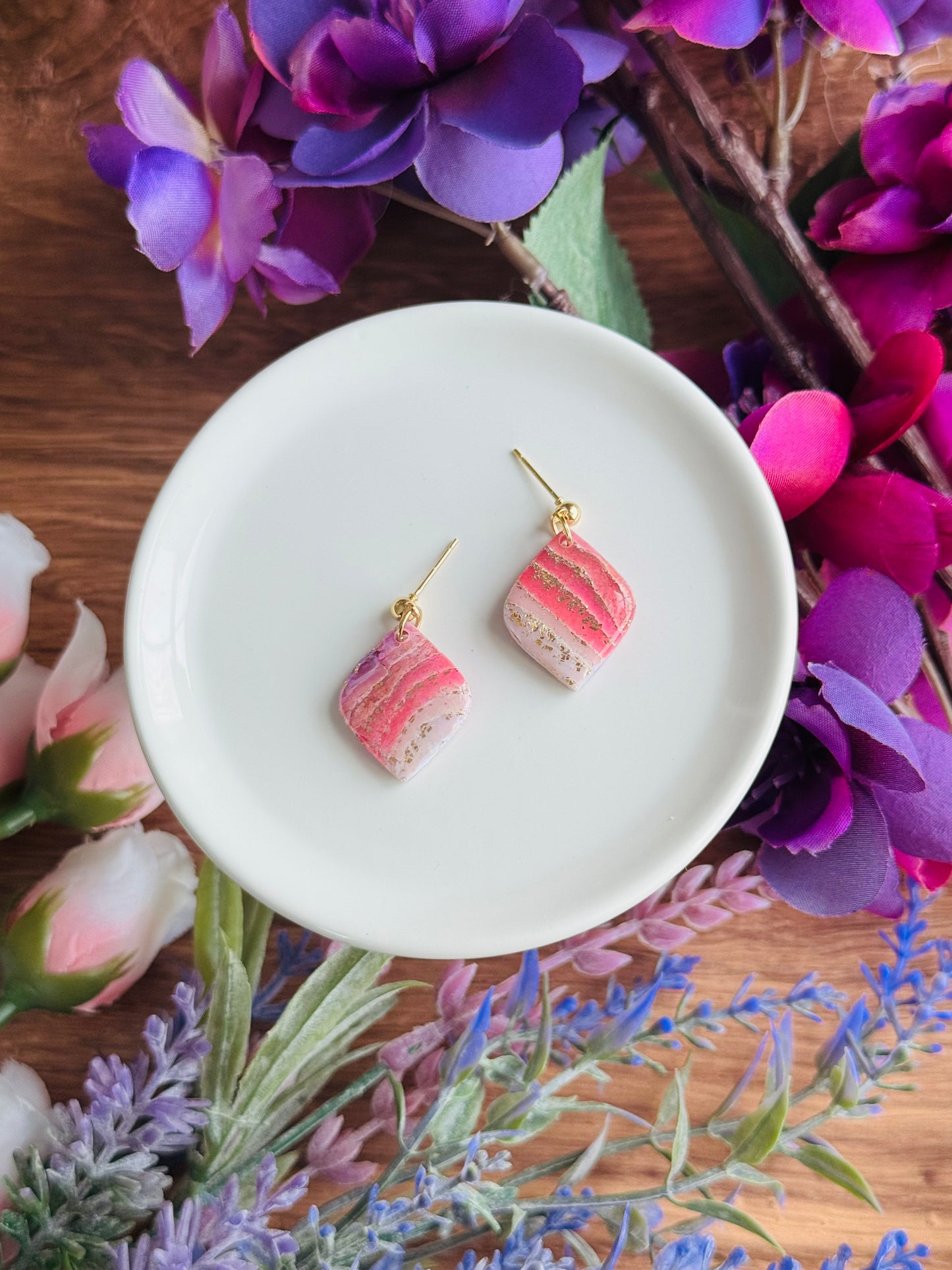 Purple Agate - Pointed Diamond Pebble Earrings