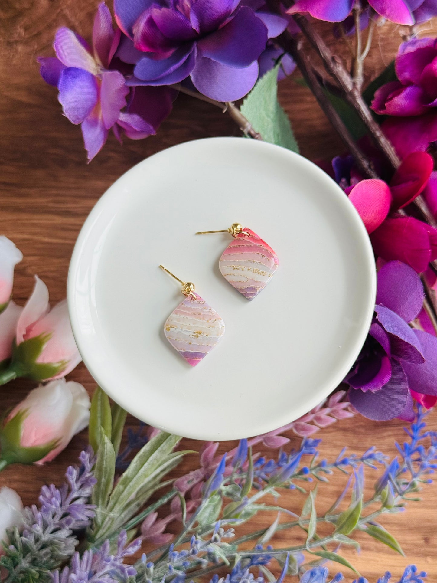 Purple Agate - Pointed Diamond Pebble Earrings