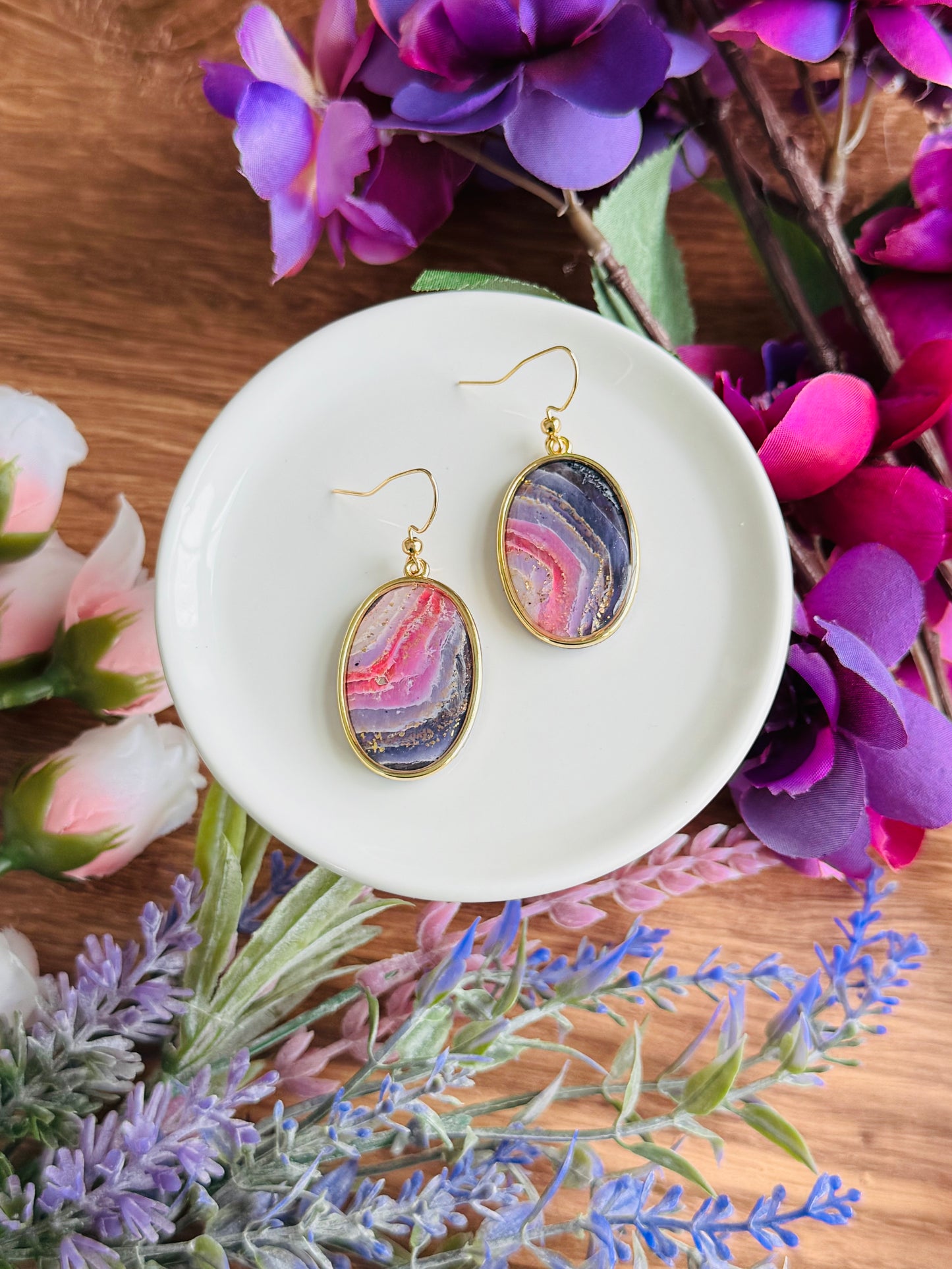 Purple Agate - Oval Bezel Earrings