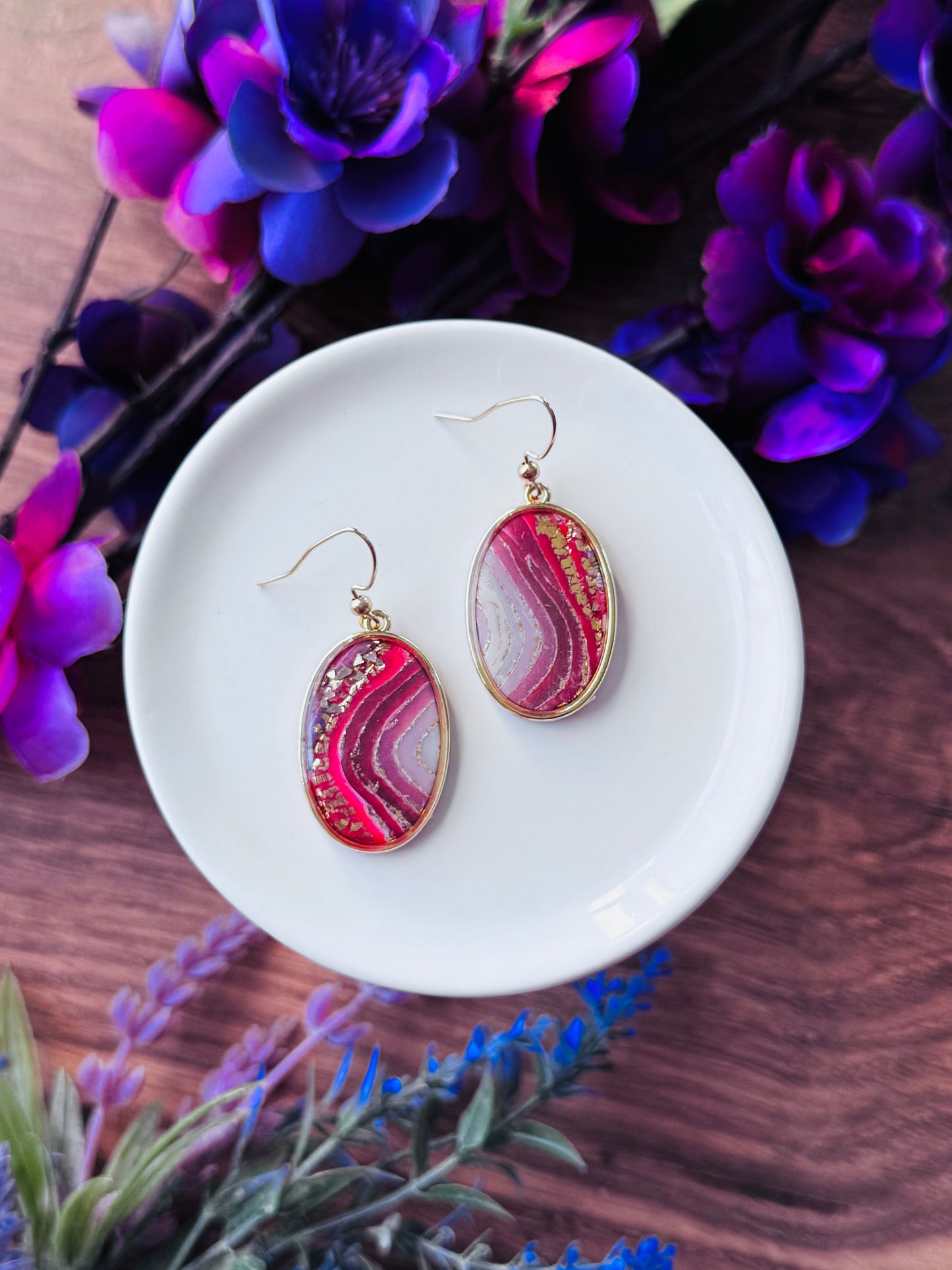 Purple Agate - Oval Bezel Earrings