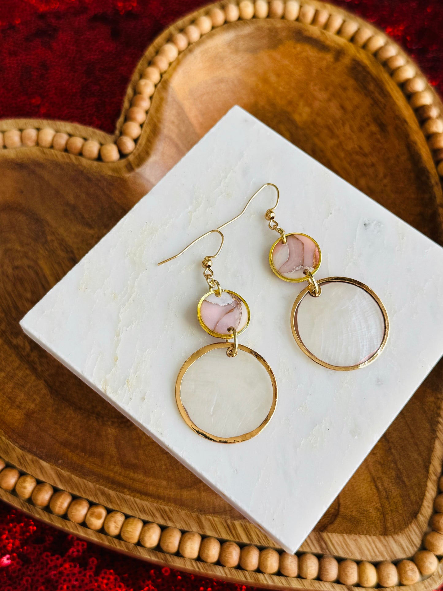 Pink Winter Marble - Natural Shell & Bezeled Coin Earring