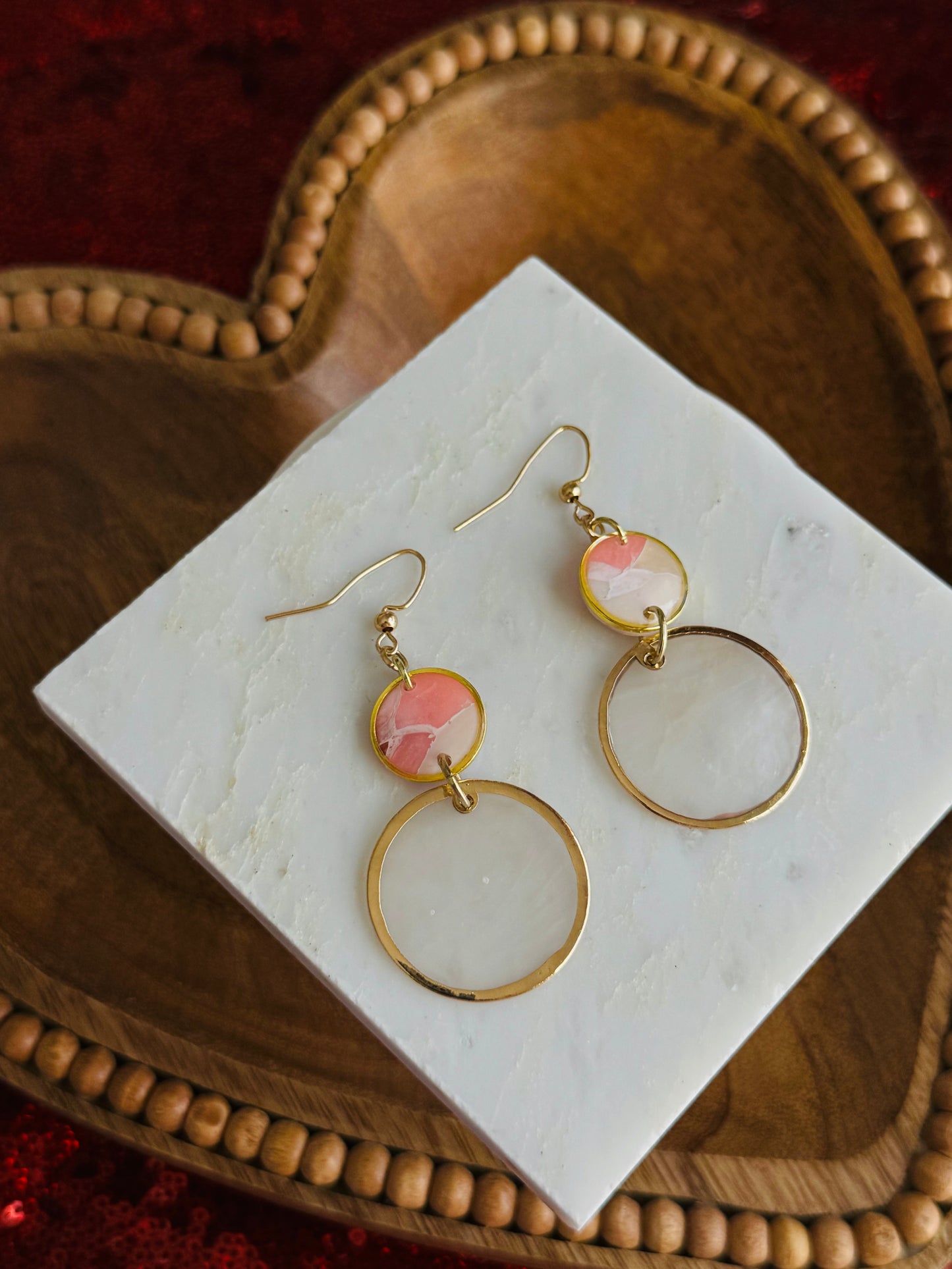 Pink Winter Marble - Natural Shell & Bezeled Coin Earring