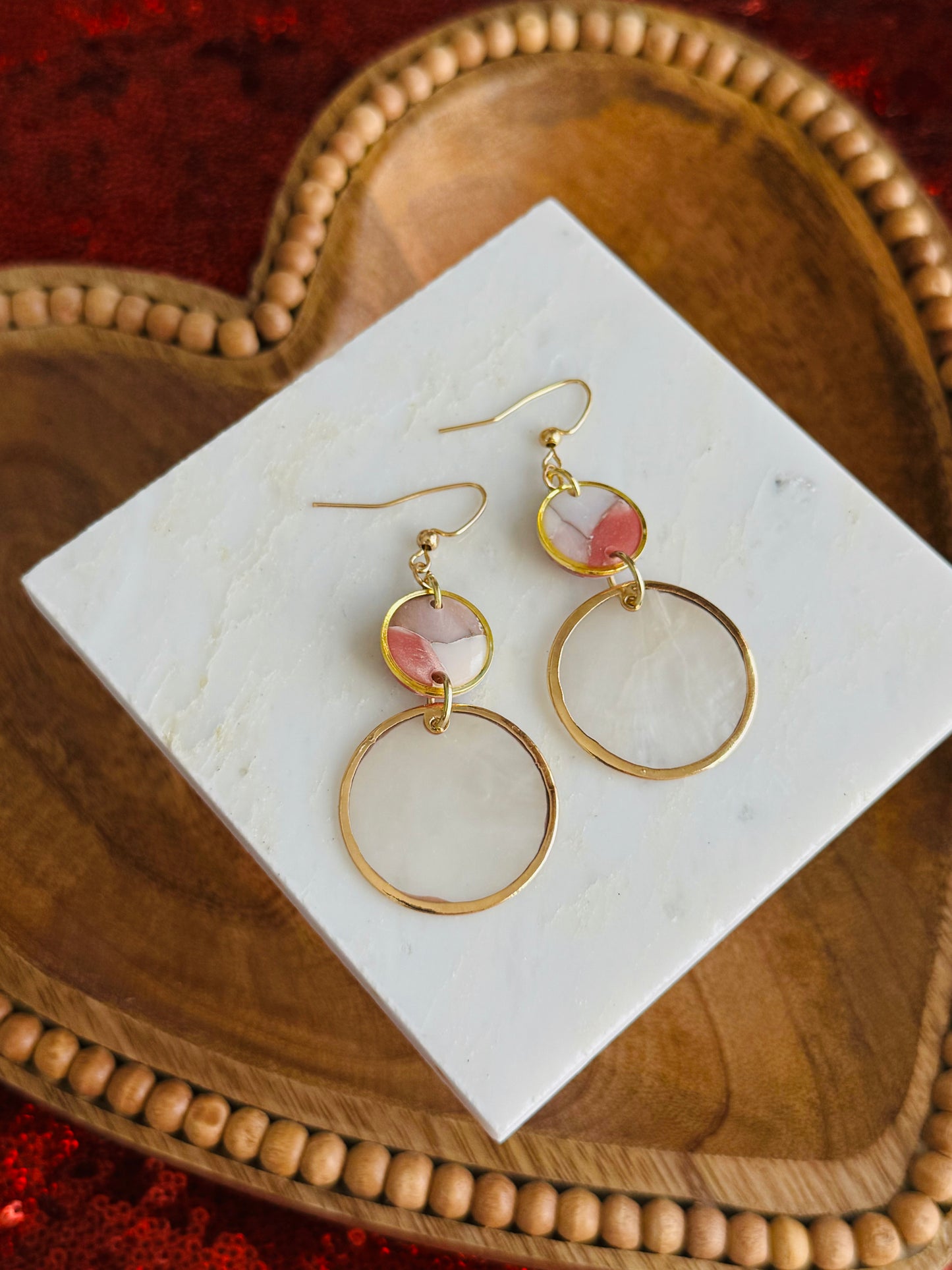 Pink Winter Marble - Natural Shell & Bezeled Coin Earring