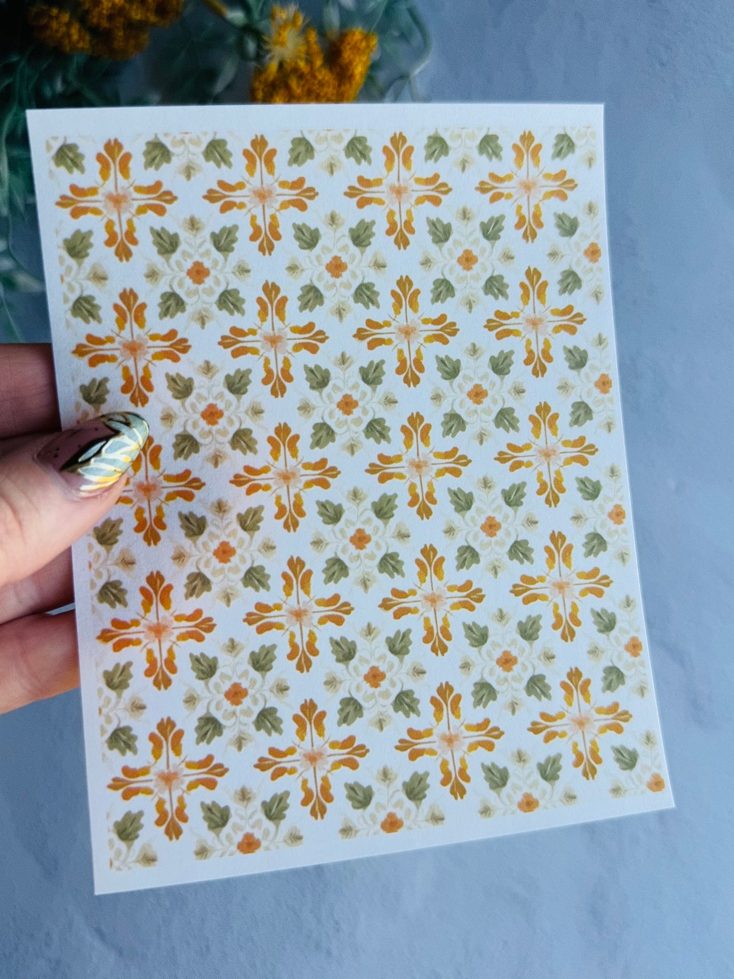 Olive & Peach Grid Damask Transfer Paper