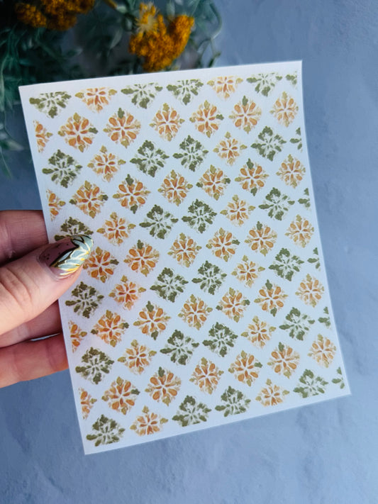 Olive & Peach Watercolor Damask Transfer Paper
