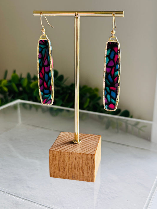 Jewel Stained Glass - Long Gold Bezeled Frame Earrings