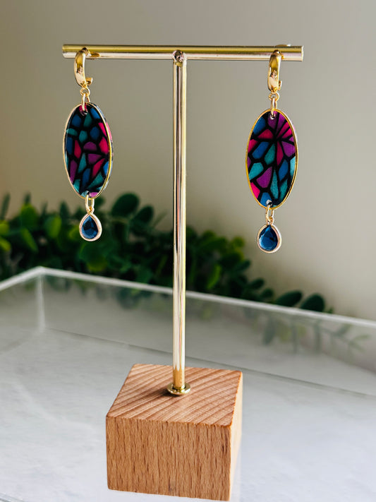 Jewel Stained Glass - Bezeled Ovals with Blue Teardrop Gem