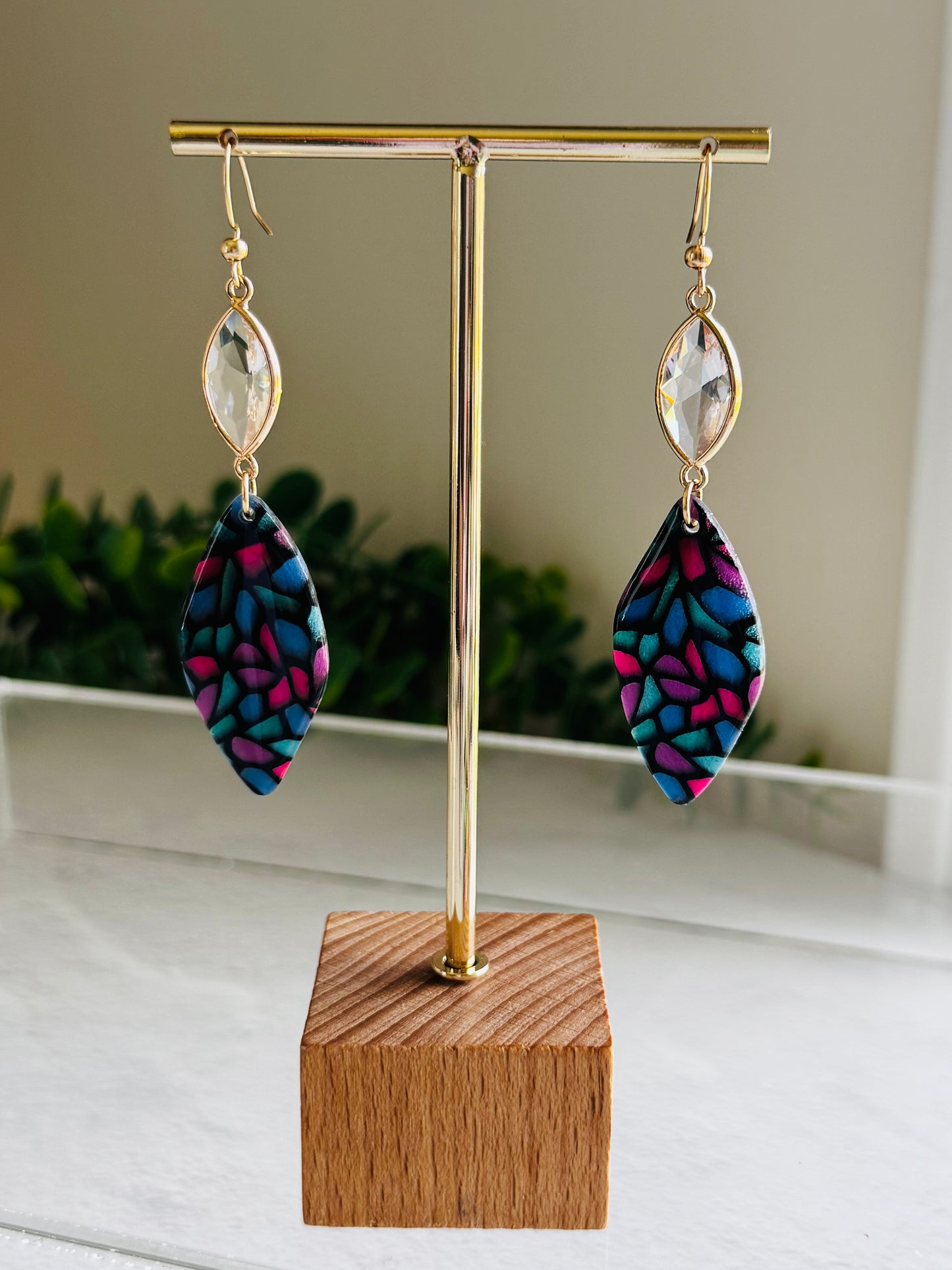 Jewel Stained Glass - Long Organic Oval Stone and Clear Gem Earrings