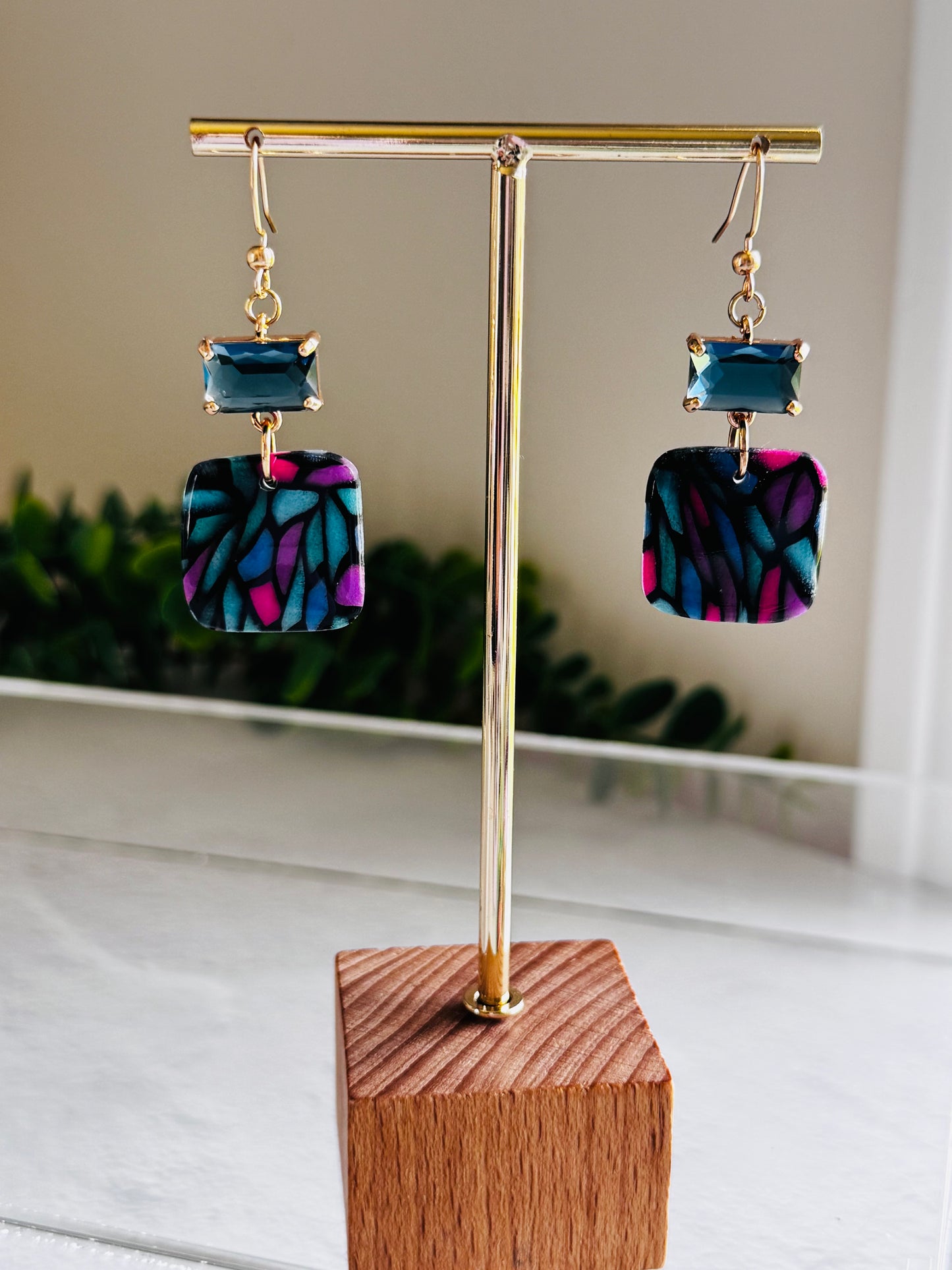 Jewel Stained Glass - Square Pebble and Blue Zircon Dangles