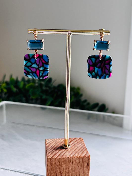 Jewel Stained Glass - Square Pebble and Blue Zircon Dangles