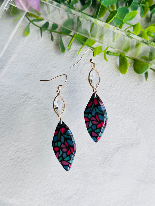 Jewel Stained Glass - Long Organic Oval Stone and Clear Gem Earrings
