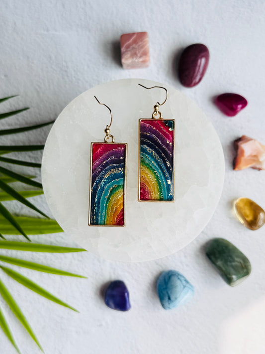 Rainbow Agate - Rectangle Bezel Earring