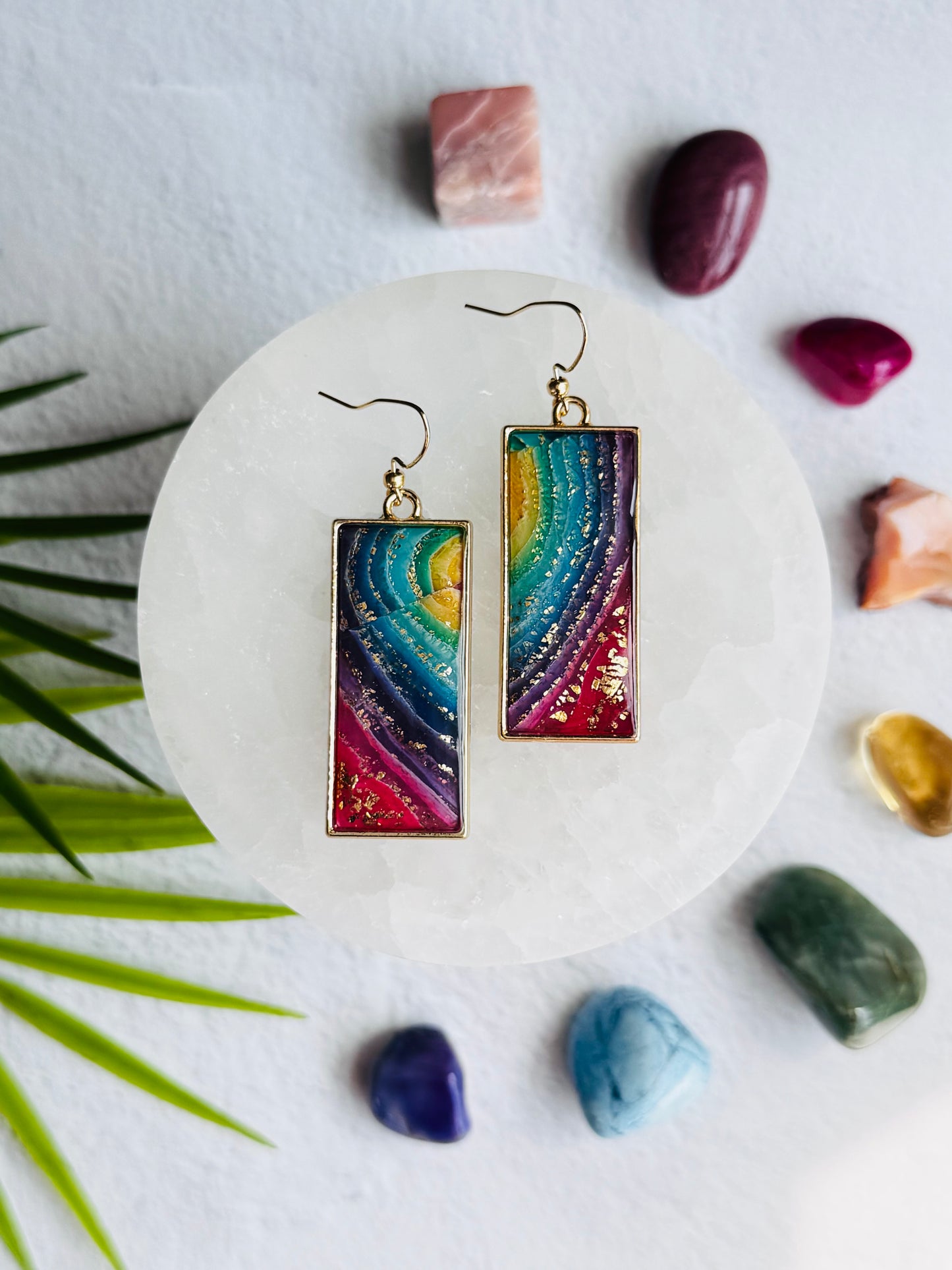 Rainbow Agate - Rectangle Bezel Earring