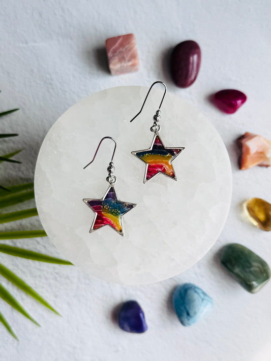 Rainbow Agate - Star Bezel Earrings