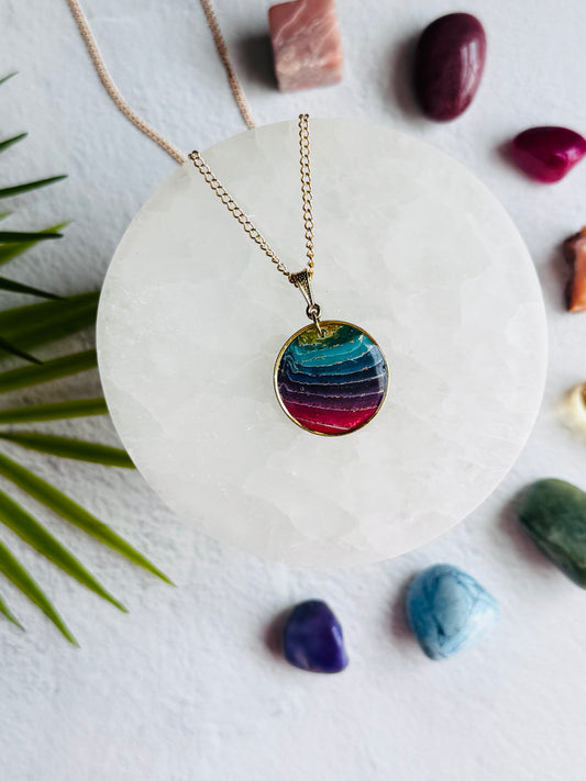 Rainbow Agate - Gold Circle Bezel Necklace