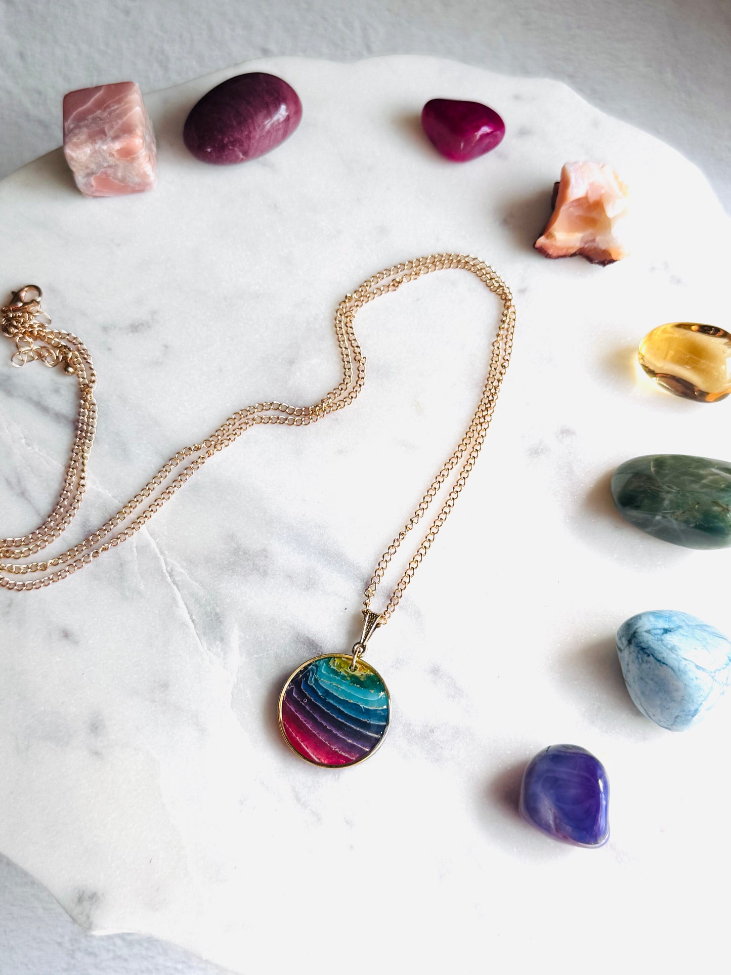 Rainbow Agate - Gold Circle Bezel Necklace