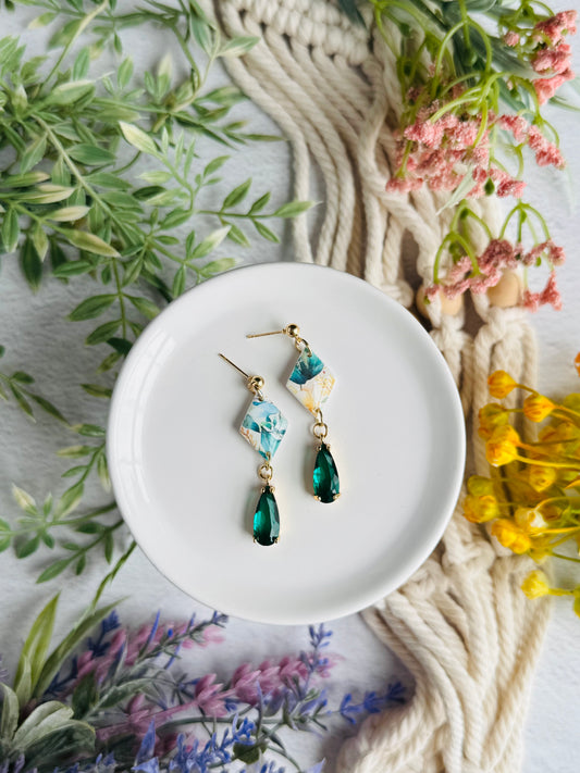 Blue/Green Floral - Diamond & Green Gem Drop