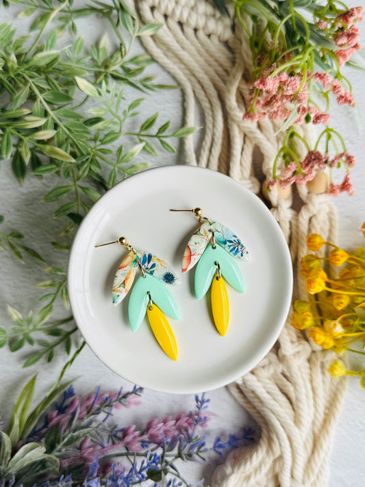 Blue/Green Floral - 3 Piece Leaf Drop Earring