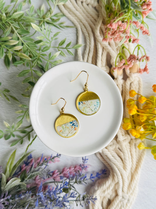 Blue/Green Floral - Gold Circle Bezel Dangle