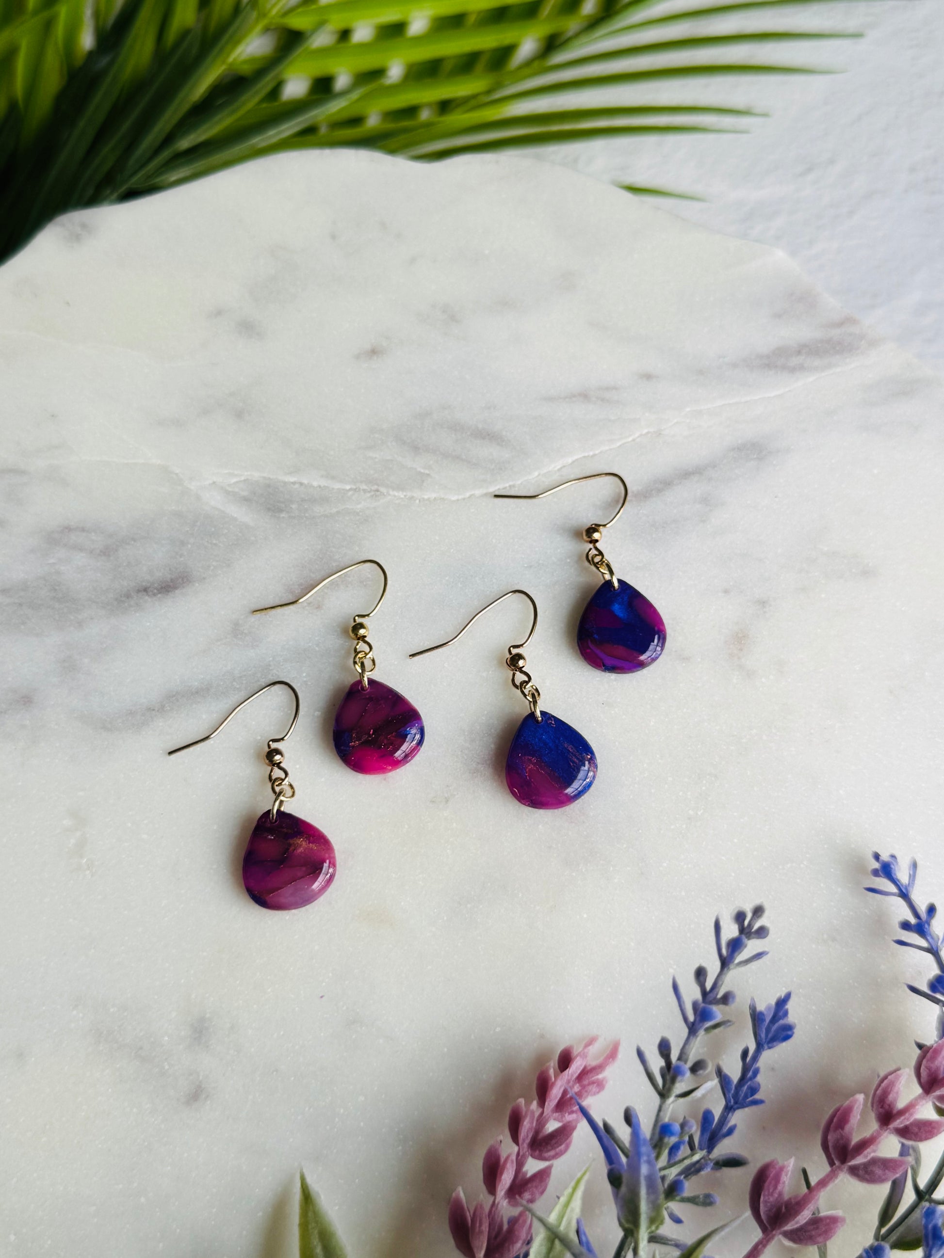 Blue Purple Marble Mini Teardrop Pebble Earrings